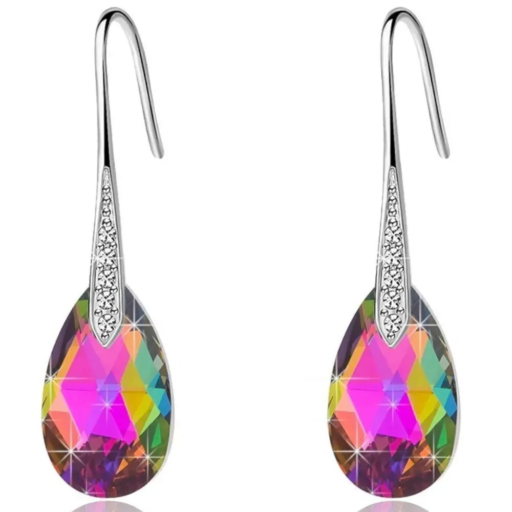 14K White Gold with Vitrail Medium Austrian Crystal Teardrop Drop Hook Earrings